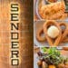 A vertical four-image collage. On the left is the illuminated Sendero restaurant sign. On the right, stacked vertically, are golden Verduras Empanadas with dipping sauces, heart-shaped churros with vanilla ice cream, and Prime Ribeye Anticuchos with roasted potatoes and microgreens.