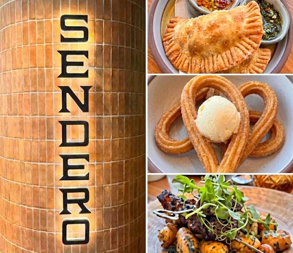 A vertical four-image collage. On the left is the illuminated Sendero restaurant sign. On the right, stacked vertically, are golden Verduras Empanadas with dipping sauces, heart-shaped churros with vanilla ice cream, and Prime Ribeye Anticuchos with roasted potatoes and microgreens.