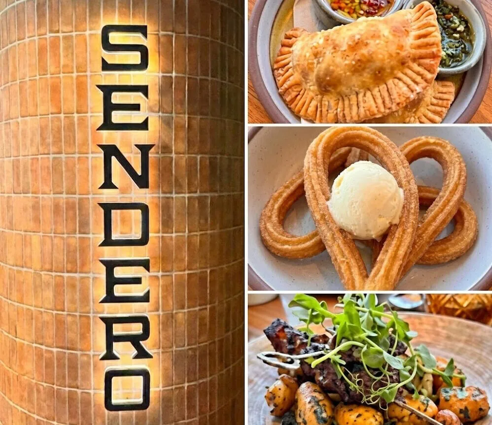 A vertical four-image collage. On the left is the illuminated Sendero restaurant sign. On the right, stacked vertically, are golden Verduras Empanadas with dipping sauces, heart-shaped churros with vanilla ice cream, and Prime Ribeye Anticuchos with roasted potatoes and microgreens.