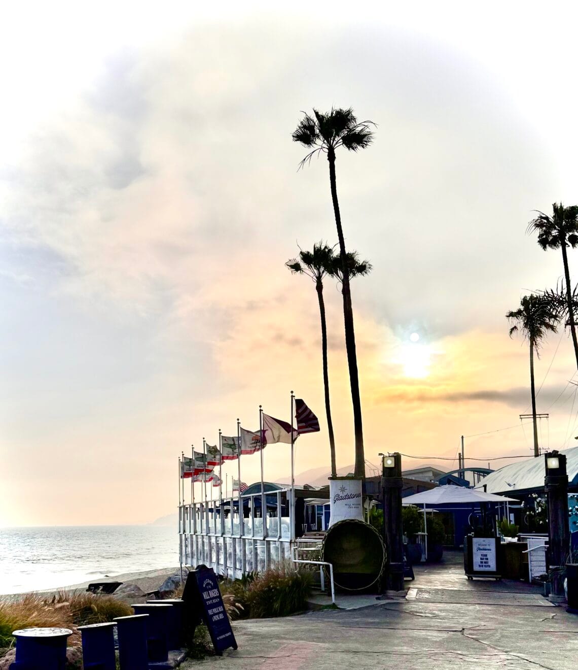 A view of Gladstones restaurant patio on Will Rogers State Beach at sunset, featuring tall palm trees, flying flags, and an ocean view under a hazy sky.