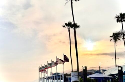 A view of Gladstones restaurant patio on Will Rogers State Beach at sunset, featuring tall palm trees, flying flags, and an ocean view under a hazy sky.