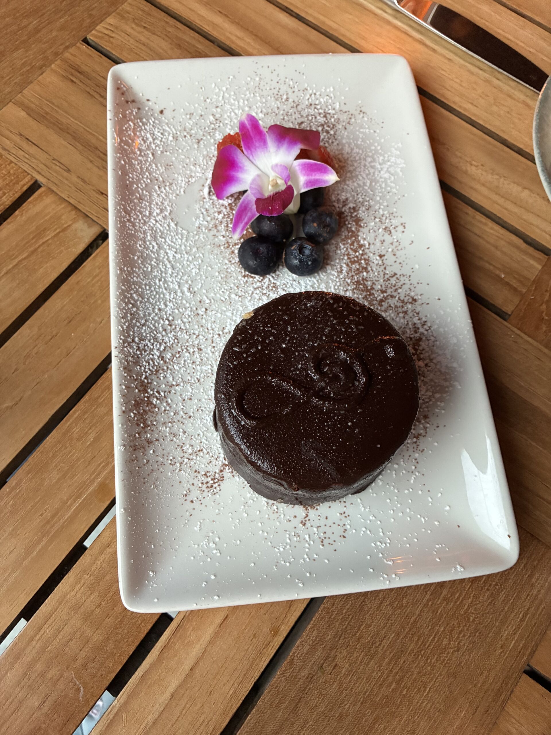 Rich chocolate cake dessert served at Shoreside Restaurant and Bar in Santa Monica