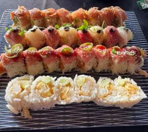 A tasting-menu style platter of specialty sushi rolls