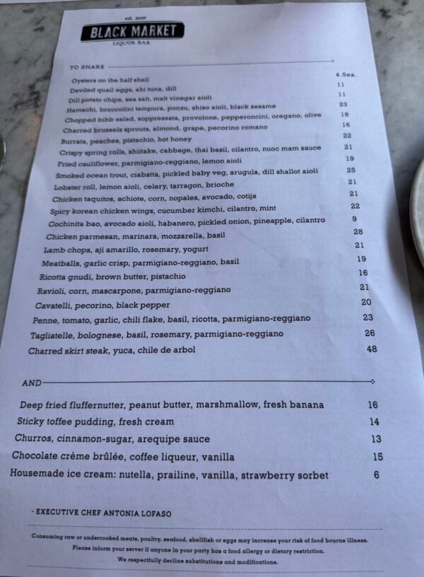 Black Market Liquor Bar food menu listing small plates, pastas, and desserts in Studio City