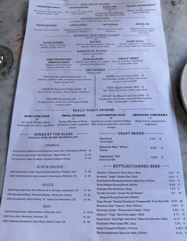 Black Market Liquor Bar drink menu featuring cocktails, wines, draft beers, and bottled beers in Studio City
