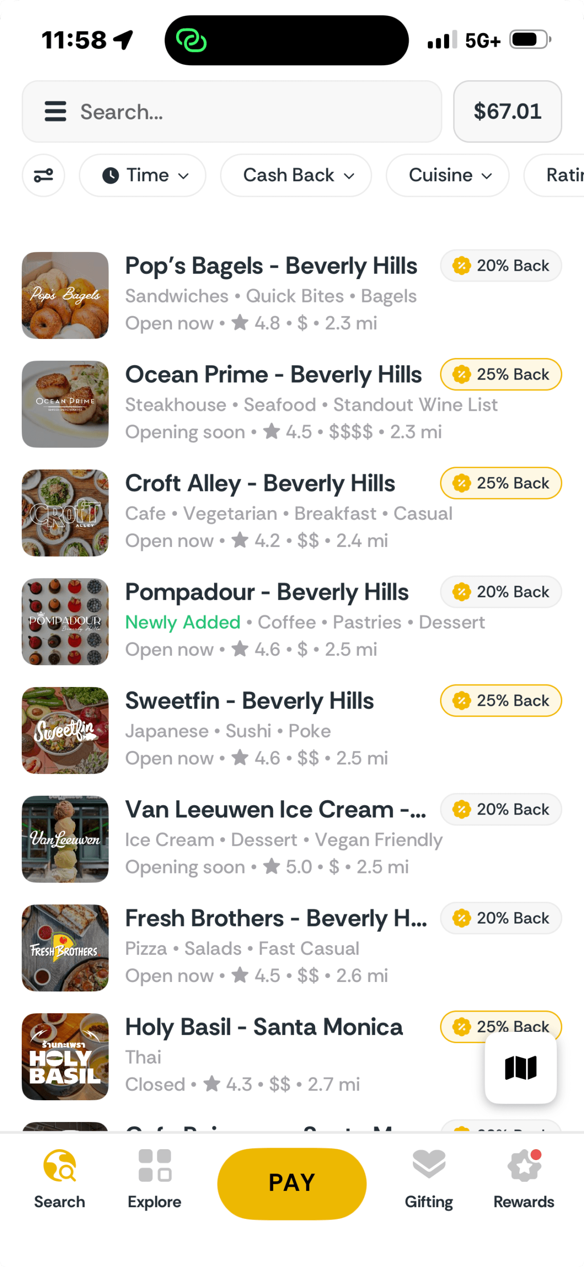 Screenshot of the inKind app showing a list of Beverly Hills and Santa Monica restaurants with cash-back percentages, ratings, cuisine types, and distances