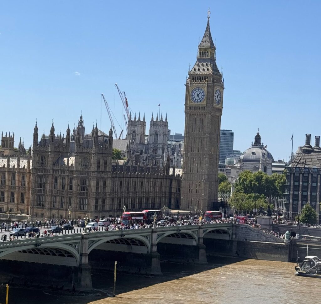 Big Ben from the M Club lounge, a handy snack stop when dining in London with kids