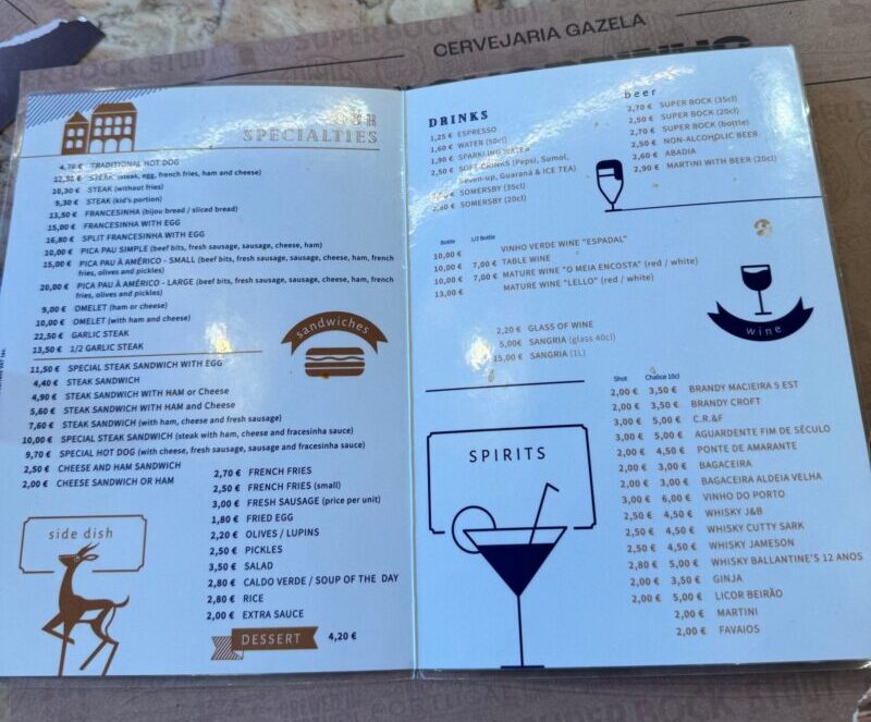 The English menu at Cervejaria Gazela in Porto