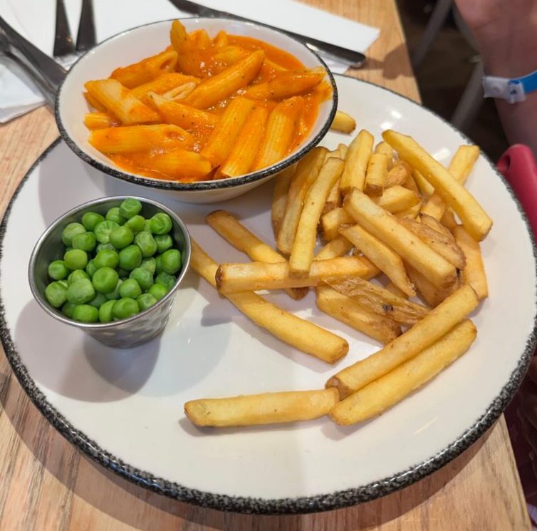 Kids pasta with peas and french fries at The Curator at Heathrow