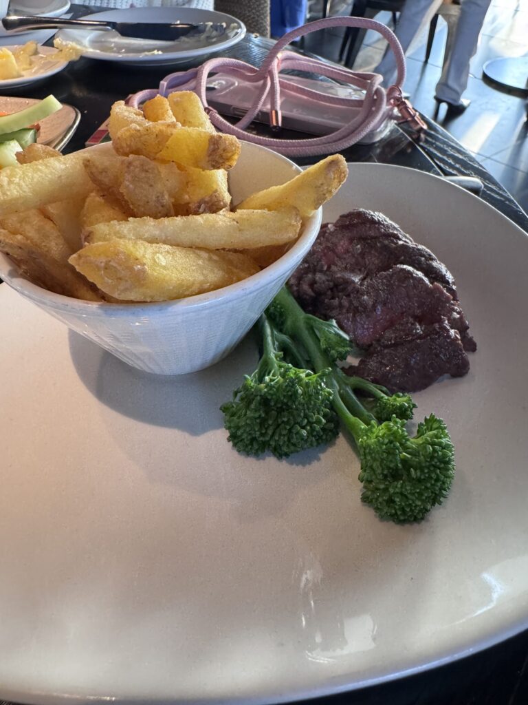 Filet mignon and fries from the Aqua Shard kids’ menu while dining in London with kids