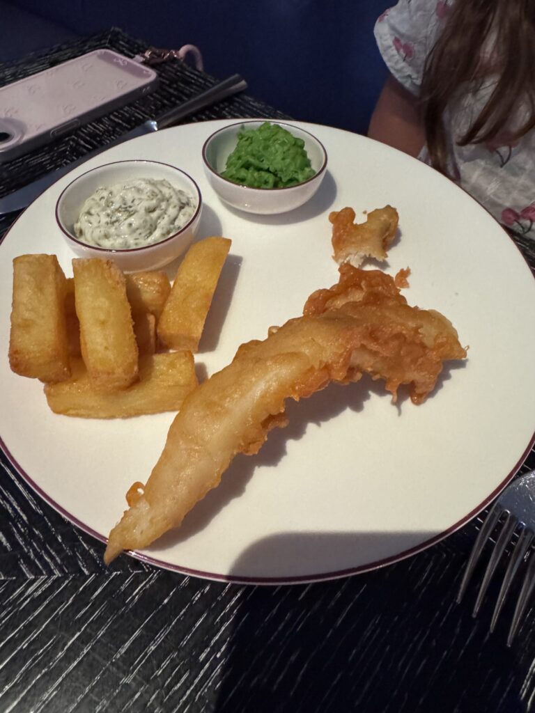 Kids’ fish and chips at Indigo at One Aldwych, dining in London with kids