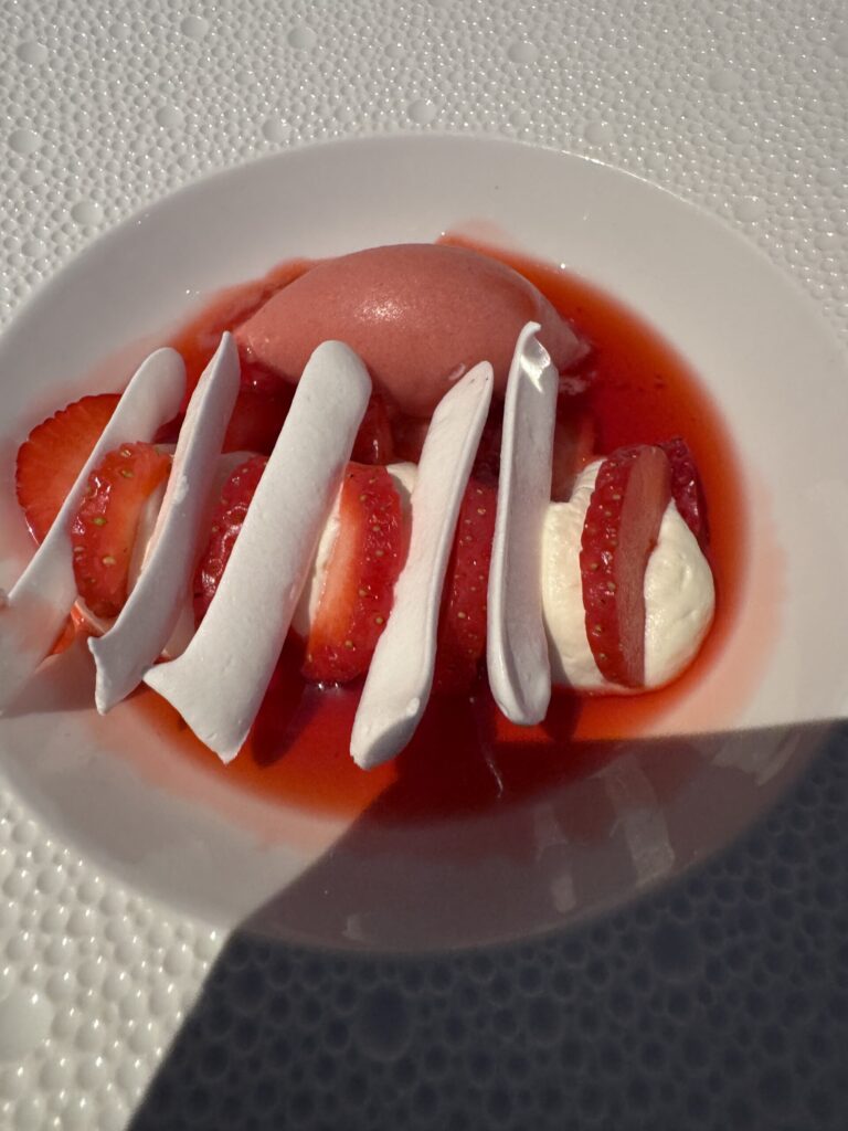 Indigo Restaurant Set Menu Dessert – English Strawberry Eton Mess with chantilly cream and strawberry consomme