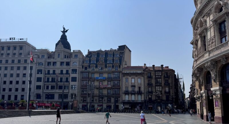 A plaza with historic buildings in downtown Bilbao, Spain