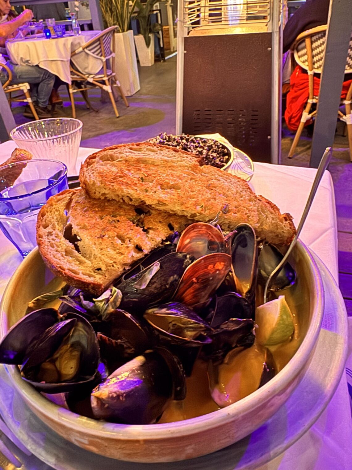Red Curry Mussels with grilled bread at Blue Plate Oysterette