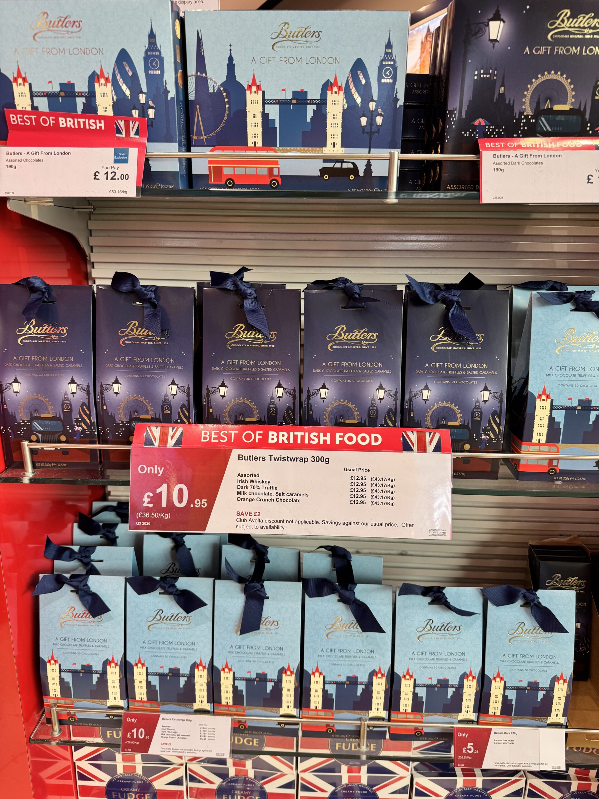 Shelves of British chocolates and treats at a shop in Heathrow Airport