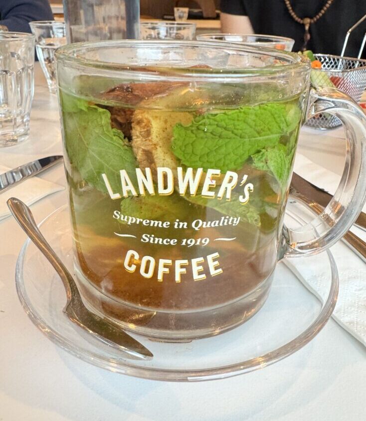 Cafe Landwer's House Blend Tea with fresh ginger, mint, cinnamon stick, and the Landwer mix (cinnamon, cloves, and nutmeg).