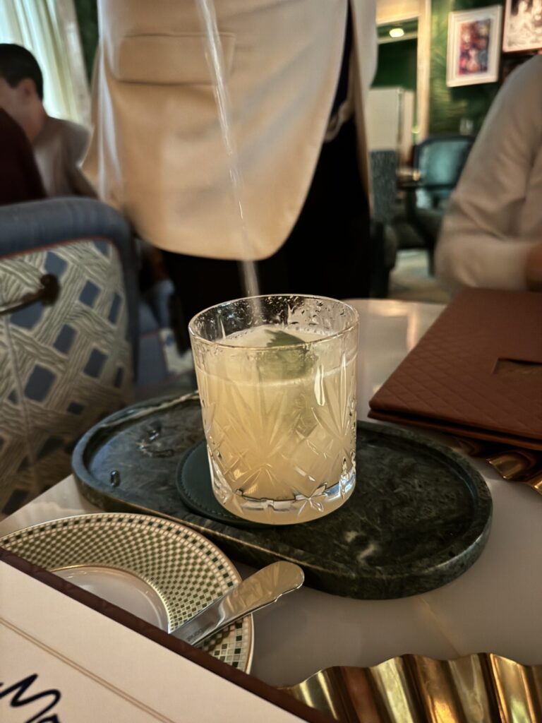 Shiso Peche cocktail at La Monique Santa Monica in a cut-crystal glass