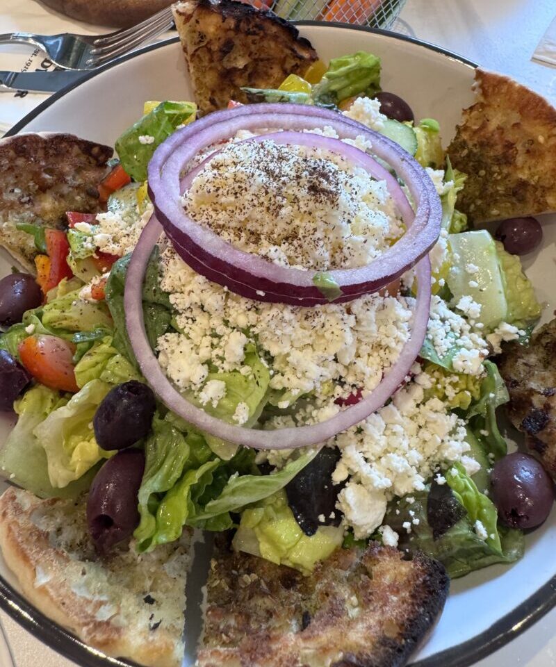 Fresh Mediterranean Fattoush salad, a vibrant dish from Cafe Landwer in Brentwood.