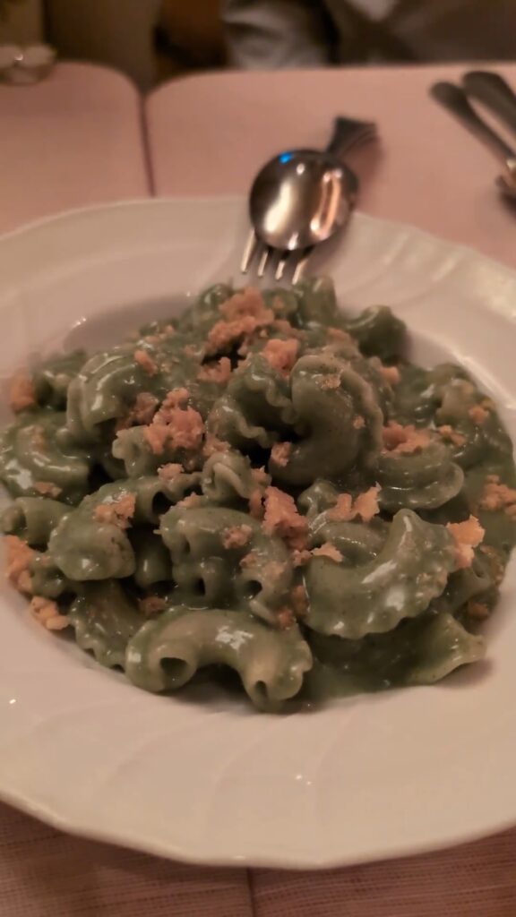 Creste di gallo pasta with basil pesto at Muse Santa Monica