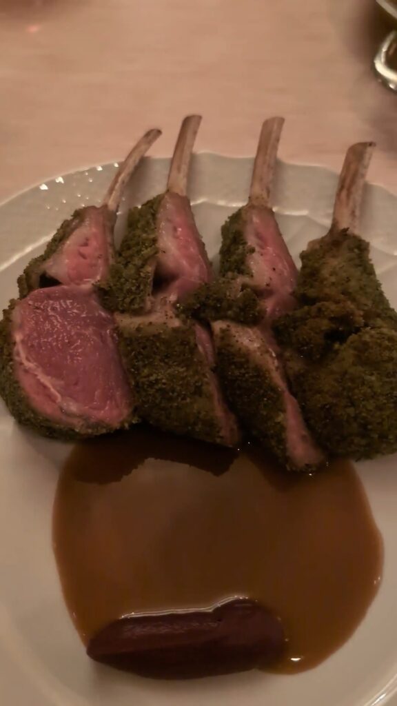Herb-crusted rack of lamb à la Provençale with sauce Solferino at Muse Santa Monica