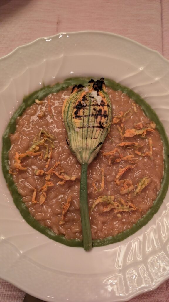 Tomato risotto with a stuffed courgette flower at Muse Santa Monica
