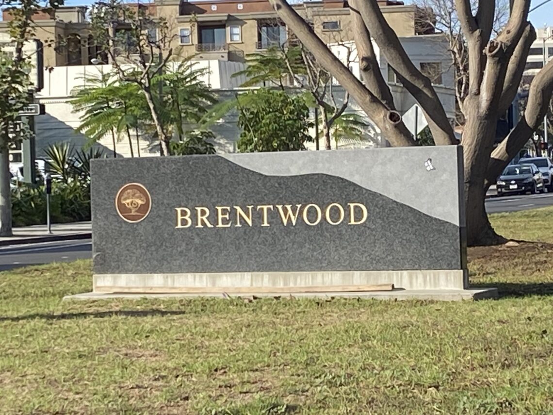 Brentwood neighborhood sign near Teleferic Barcelona on San Vicente Boulevard, Los Angeles