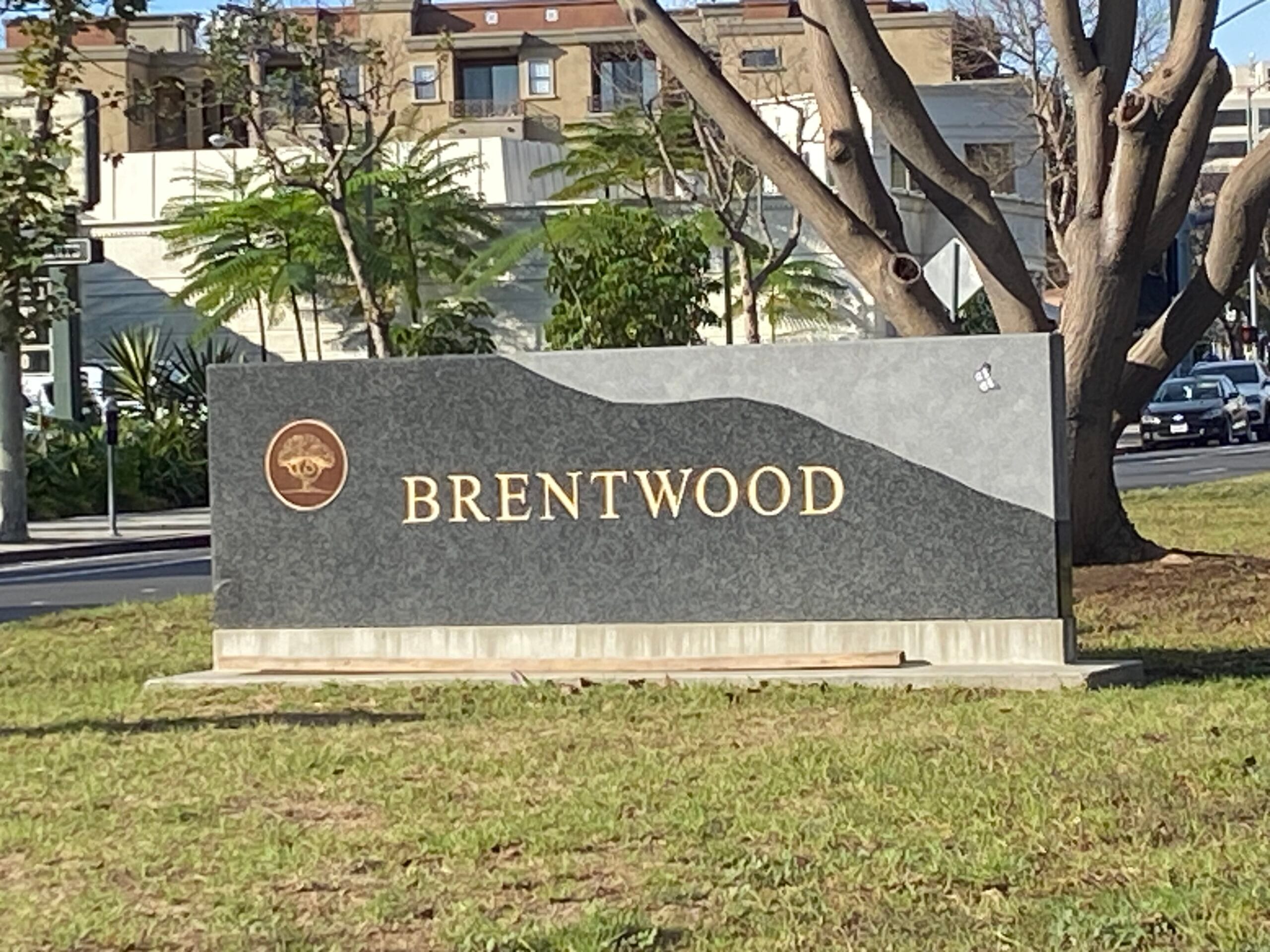 Brentwood neighborhood sign near Teleferic Barcelona on San Vicente Boulevard, Los Angeles