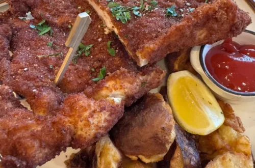 Landwer's Famous Schnitzel, ordered kosher style with housemade crushed potatoes, at Cafe Landwer in Brentwood.