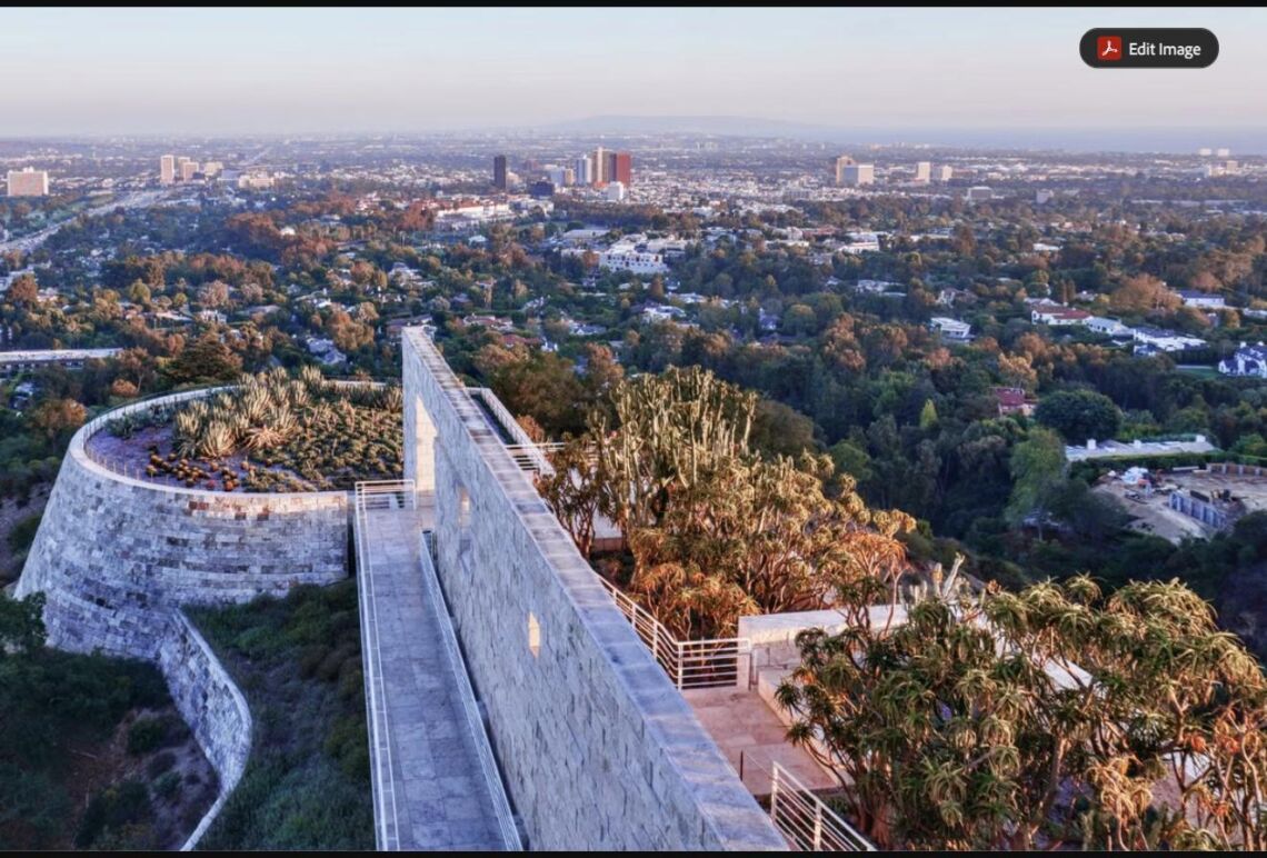 A view through the stone arches and gardens at the Getty Center in Los Angeles overlooking the city (stock photo, used for illustration)