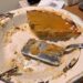 Leftover homemade pumpkin pie in a white pie dish with a server and crumbs