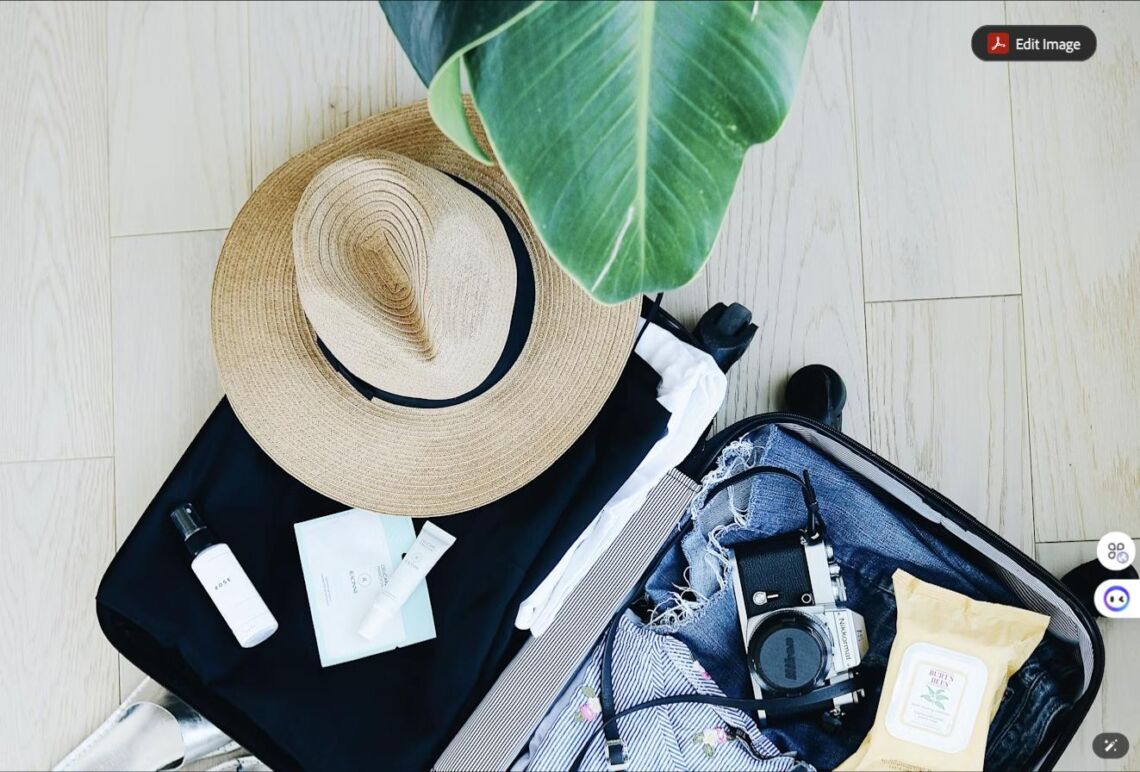 A packed suitcase for a luxury cruise with a straw sun hat, black separates, a rose facial mist, and a vintage camera, flat-lay style.