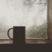 A dark mug sitting on a foggy, rain-streaked wooden windowsill looking out into misty forest, evoking a quiet Pacific Northwest lodge morning