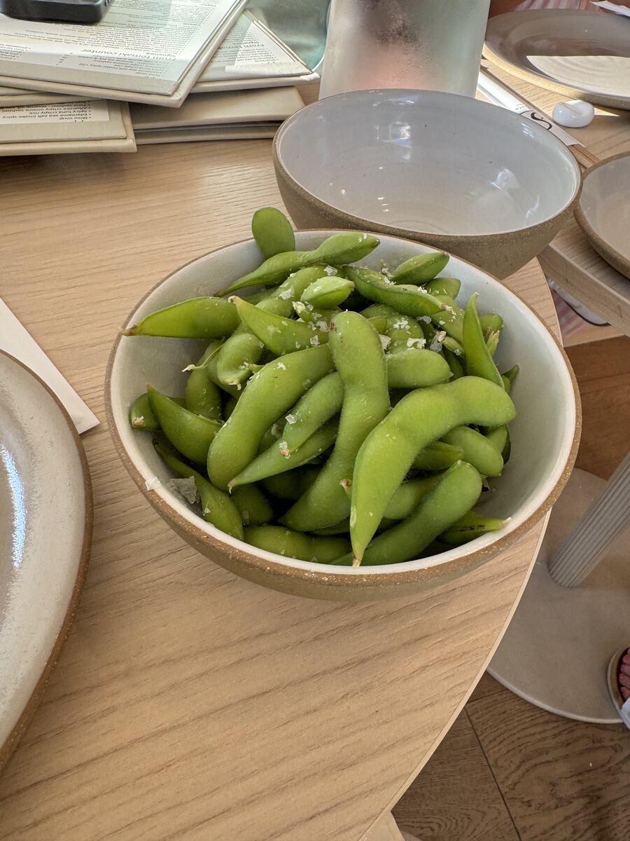 Bowl of sea-salted edamame