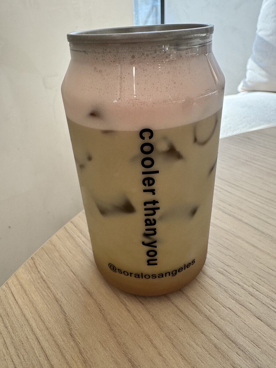 Strawberry matcha cloud drink in a canning jar at Sora Brentwood