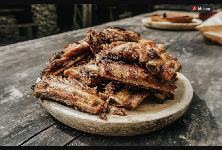 A stack of smoky barbecue pork ribs on a wooden plate (stock photo, used for illustration)