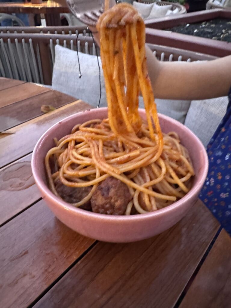 A child lifting a forkful of spaghetti from a pink bowl of spaghetti and meatballs in tomato sauce on the Marelle patio