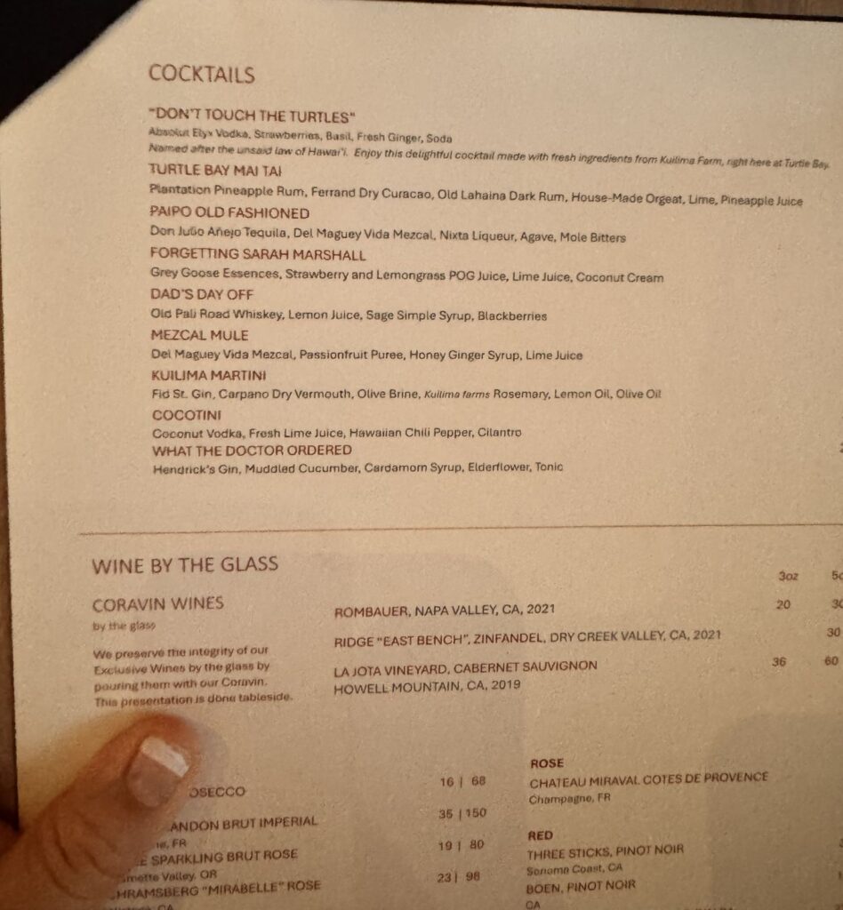 Alaia cocktail and wine by the glass menu