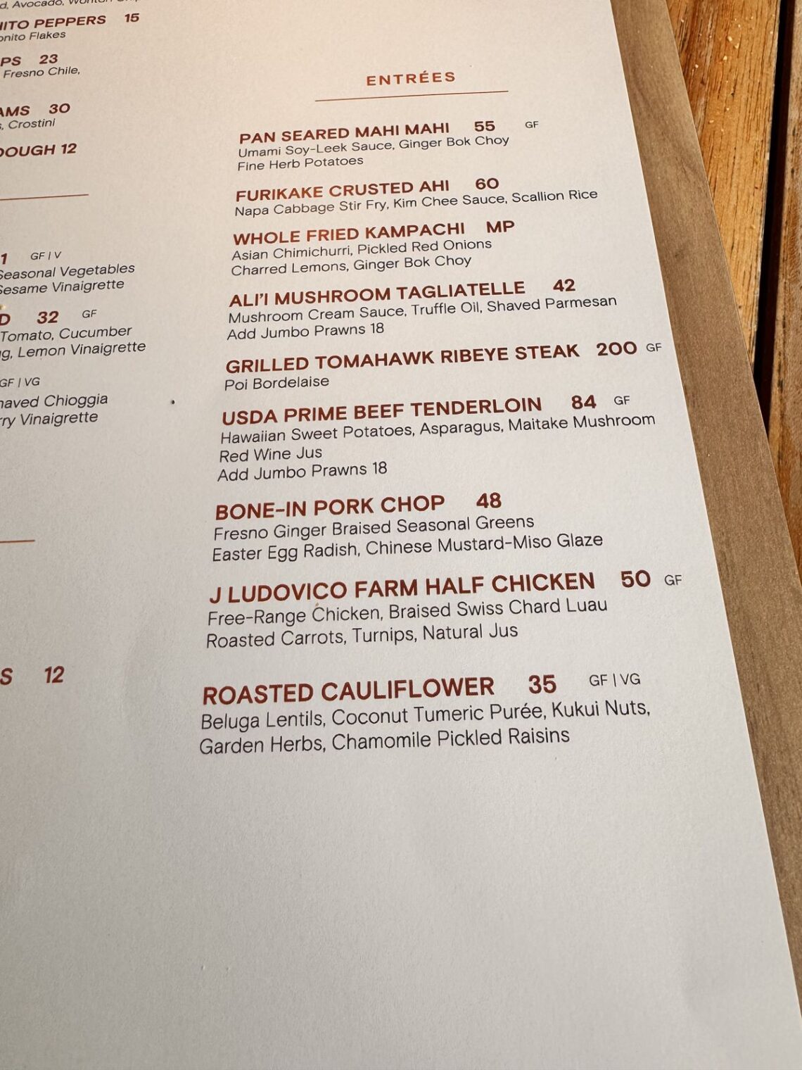 Alaia dinner menu entrees and prices at Turtle Bay