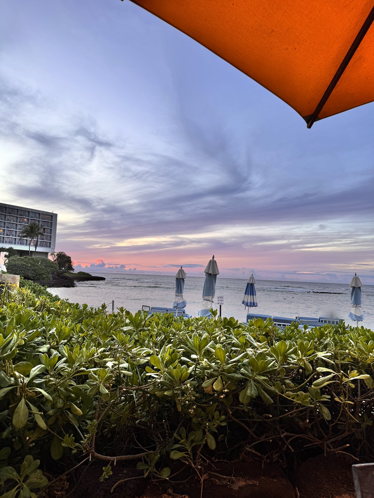 Sunset over the ocean from our table at Beach House at Turtle Bay, with the resort tower on the left