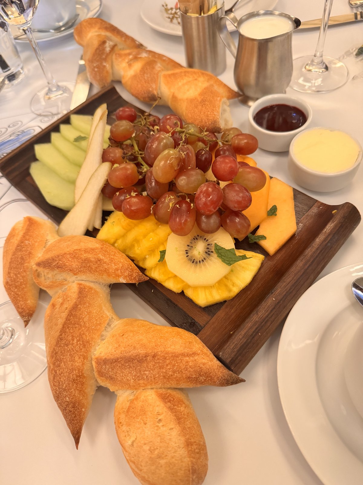 Fresh fruit plate with epi baguette, jam and butter at Bouchon in The Venetian