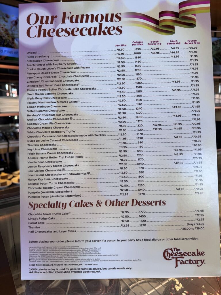 The Cheesecake Factory cheesecake menu with slice prices and calories