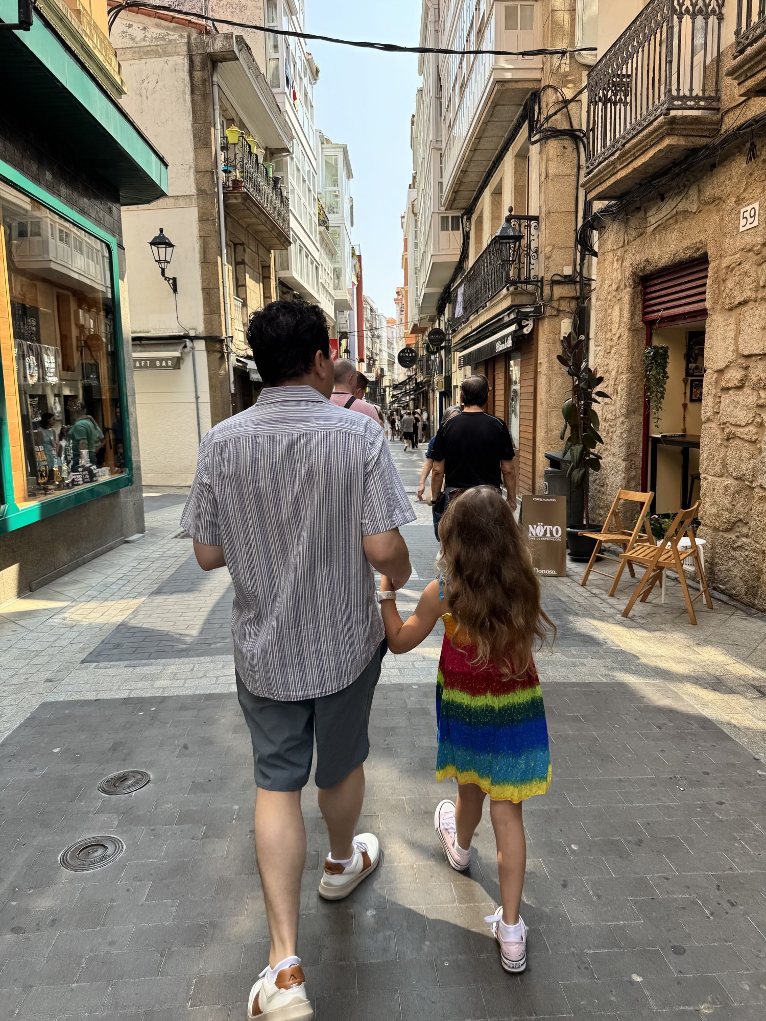 Walking down a narrow shopping street in La Coruña