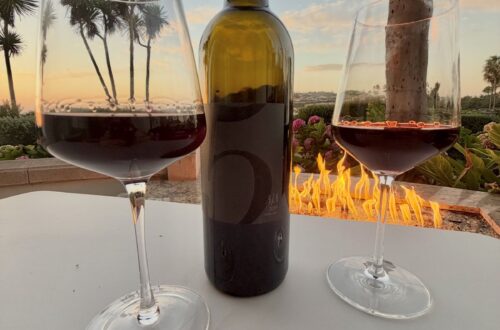 AJA 2019 5 Red Blend with two glasses on our fire pit patio at sunset, Ritz-Carlton Laguna Niguel