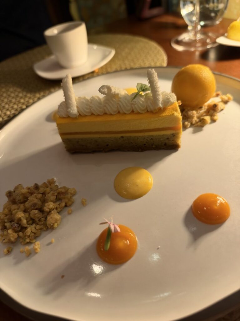 Mango lassi bar dessert with mango gel and crumble at Kahani
