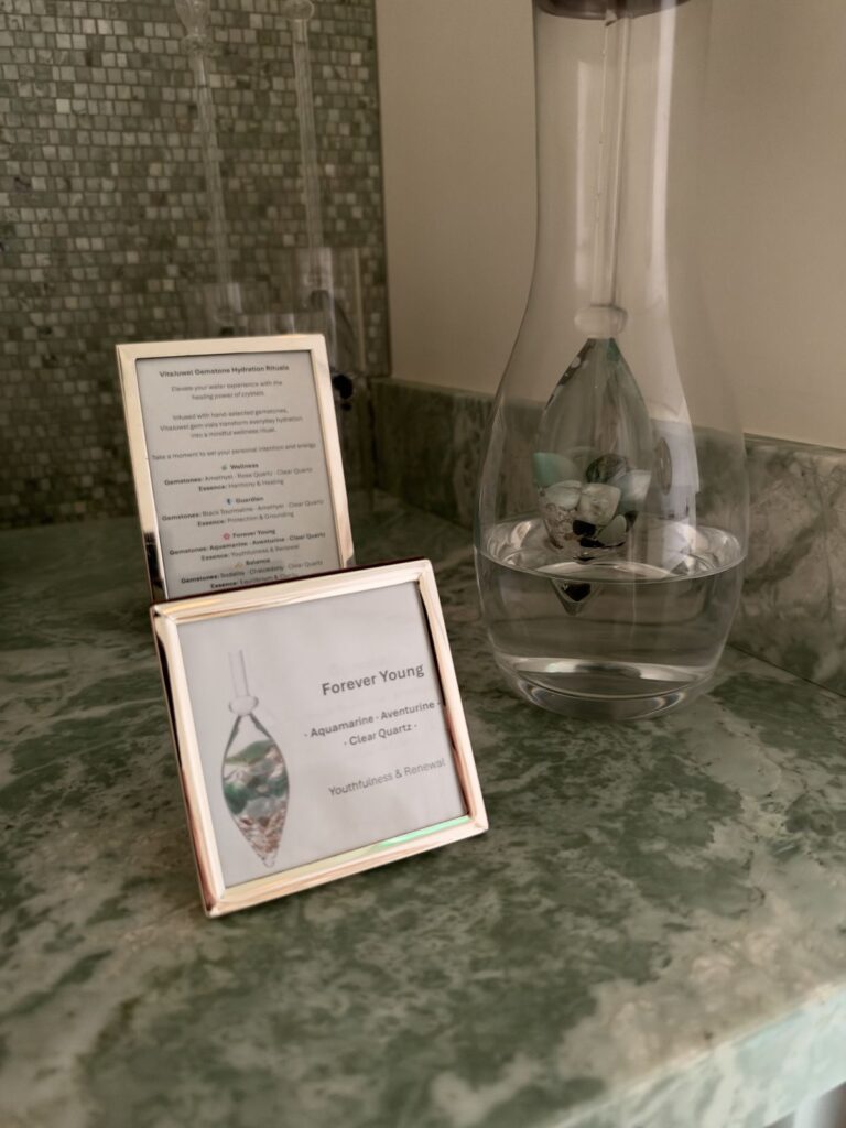Gemstone-infused water carafe at the Ritz-Carlton Laguna Niguel spa
