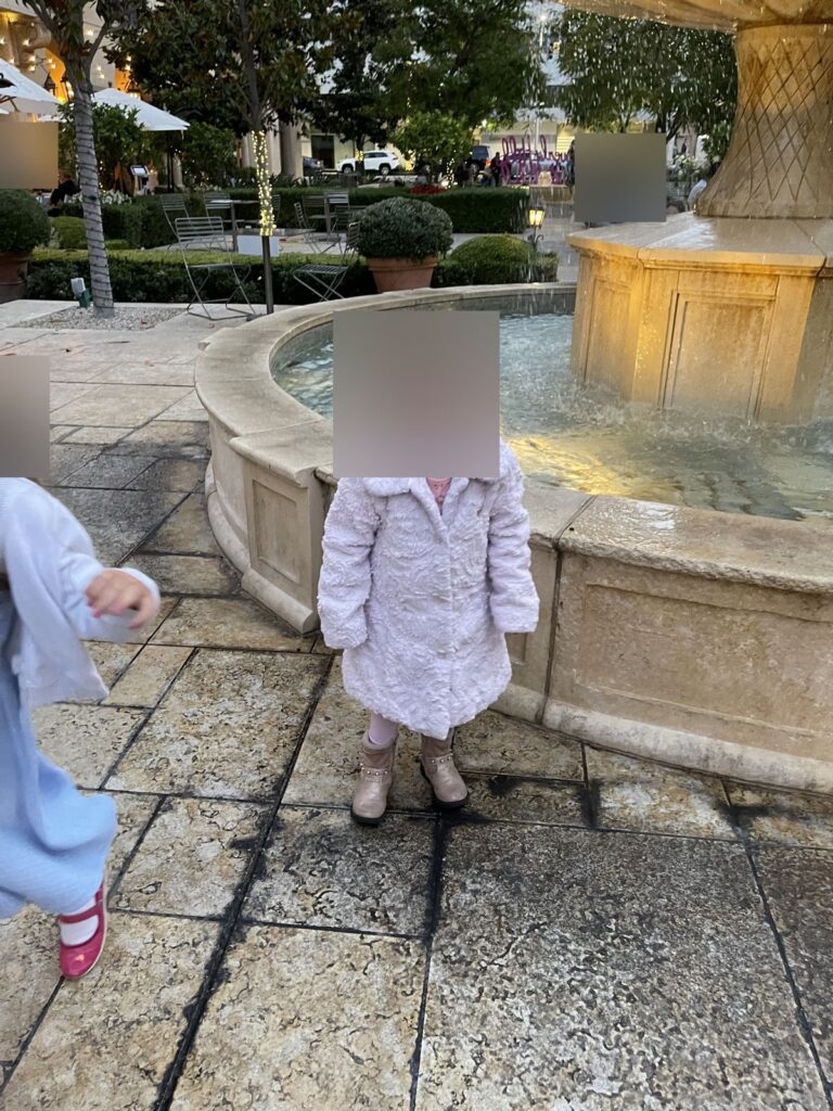 Our younger daughter by the fountain near The Terrace, face blurred