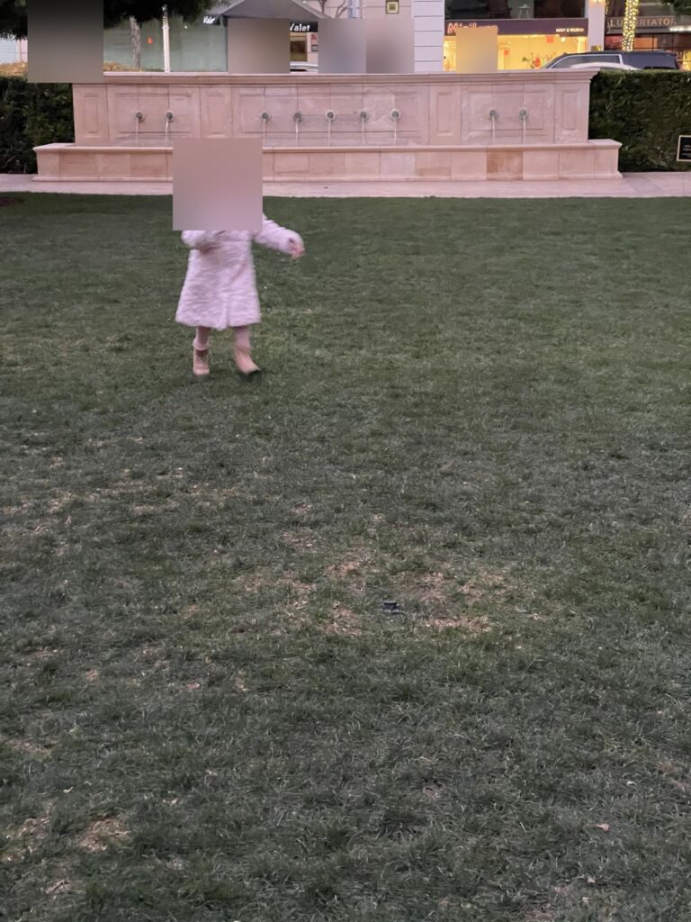 Our younger daughter running across the lawn near The Terrace, face blurred