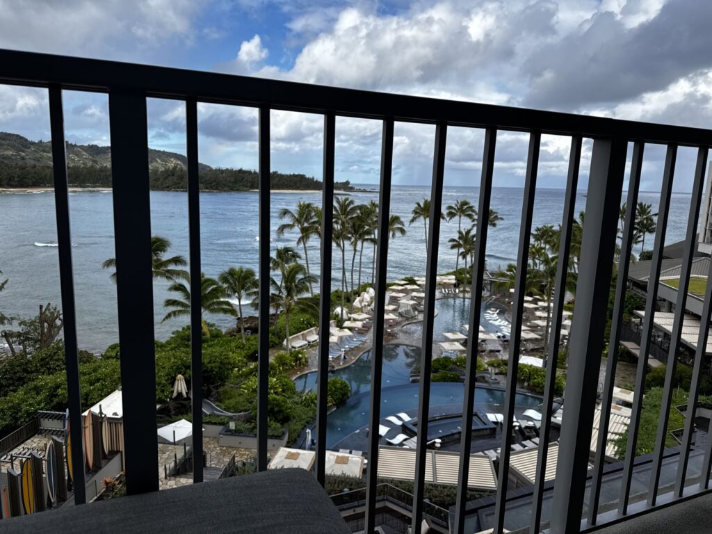 View of the pools and Kuilima Cove from our room at Turtle Bay