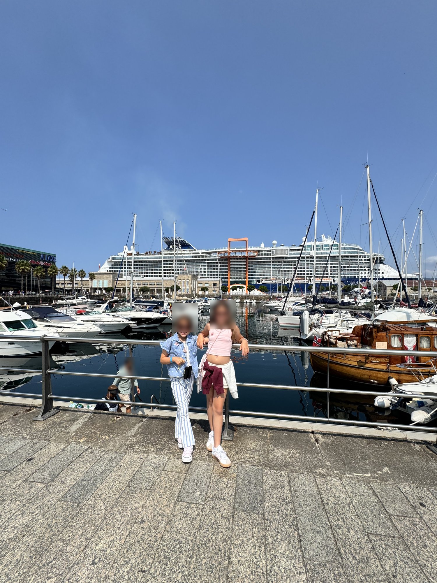 The Celebrity Apex docked at the Vigo cruise port behind the marina